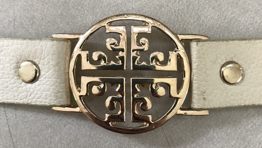 Tory Burch Faux Leather Brass Goldtone Geometric Design Cuff Snap Bracelet